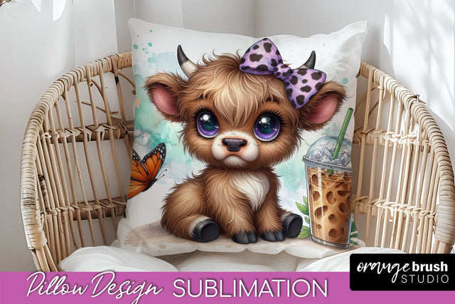 Highland Cow Pillow Cover - Coffee Sublimation Design Sublimation OrangeBrushStudio 
