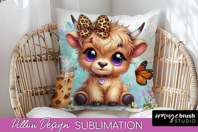 Highland Cow Pillow Cover - Coffee Sublimation Design Sublimation OrangeBrushStudio 