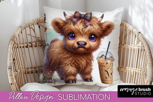 Highland Cow Pillow Cover - Coffee Sublimation Design Sublimation OrangeBrushStudio 