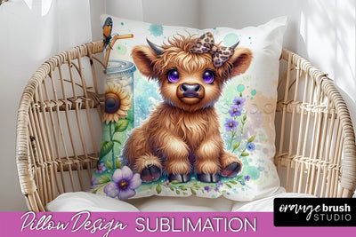 Highland Cow Pillow Cover - Coffee Sublimation Design Sublimation OrangeBrushStudio 