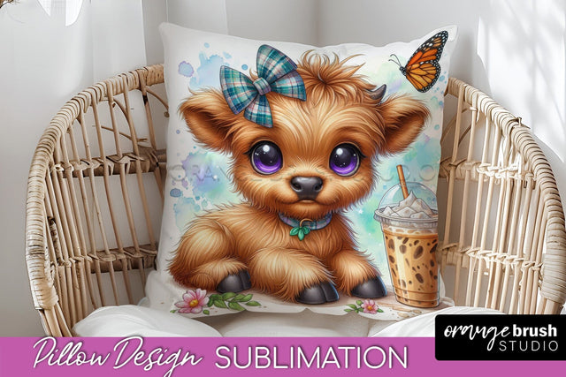 Highland Cow Pillow Cover - Coffee Sublimation Design Sublimation OrangeBrushStudio 