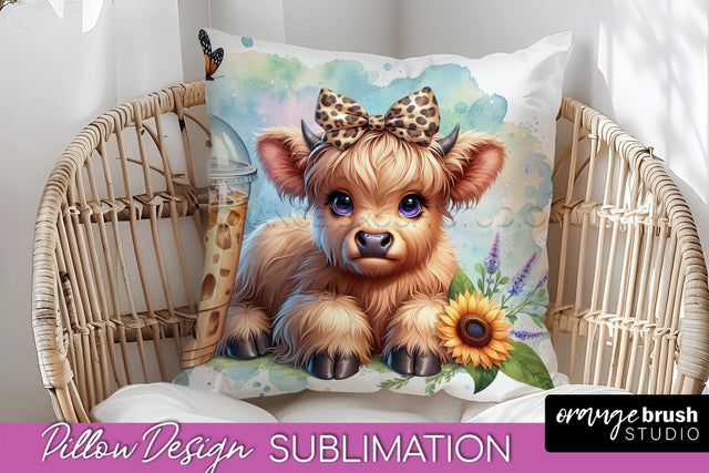 Highland Cow Pillow Cover - Coffee Sublimation Design Sublimation OrangeBrushStudio 