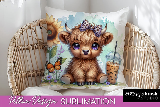 Highland Cow Pillow Cover - Coffee Sublimation Design Sublimation OrangeBrushStudio 