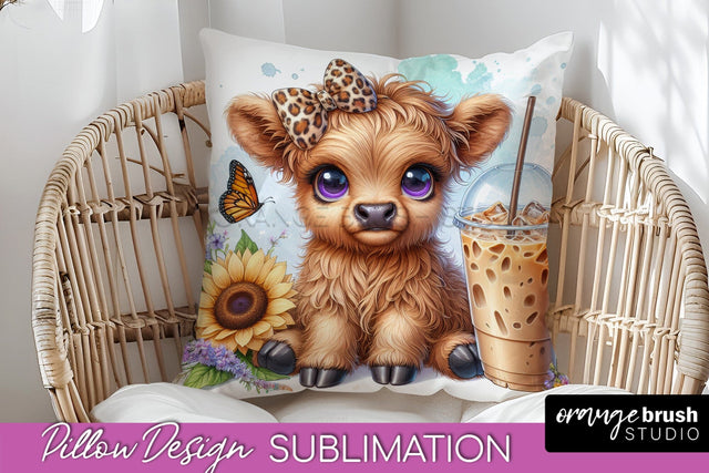 Highland Cow Pillow Cover - Coffee Sublimation Design Sublimation OrangeBrushStudio 
