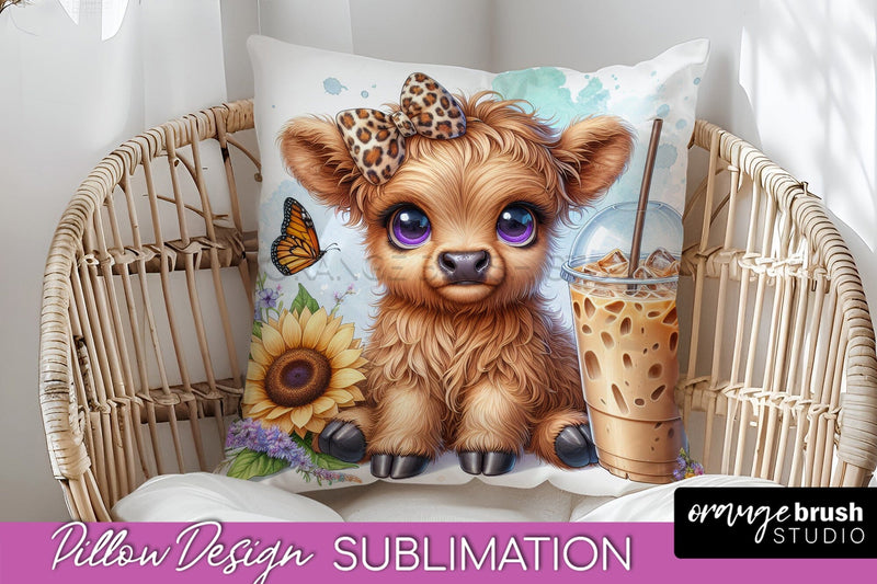 Highland Cow Pillow Cover - Coffee Sublimation Design Sublimation OrangeBrushStudio 