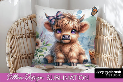 Highland Cow Pillow Cover - Coffee Sublimation Design Sublimation OrangeBrushStudio 