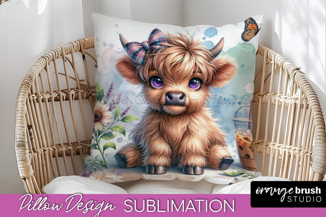 Highland Cow Pillow Cover - Coffee Sublimation Design Sublimation OrangeBrushStudio 