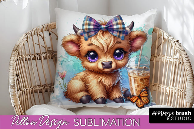 Highland Cow Pillow Cover - Coffee Sublimation Design Sublimation OrangeBrushStudio 