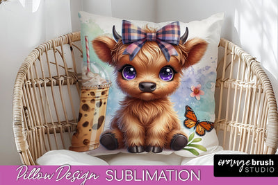 Highland Cow Pillow Cover - Coffee Sublimation Design Sublimation OrangeBrushStudio 