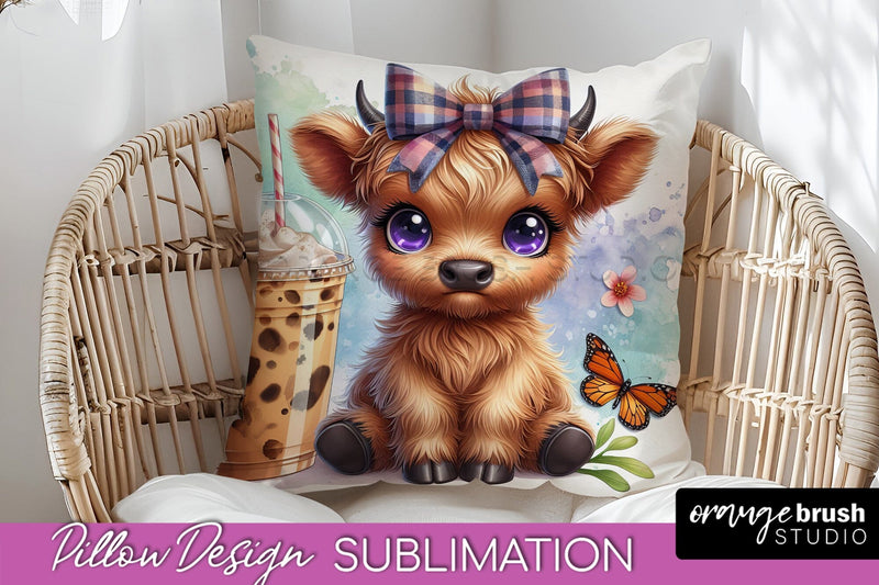 Highland Cow Pillow Cover - Coffee Sublimation Design Sublimation OrangeBrushStudio 