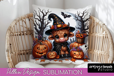 Highland Cow Pillow Cover, Cute Halloween Pillow Sublimation Sublimation OrangeBrushStudio 