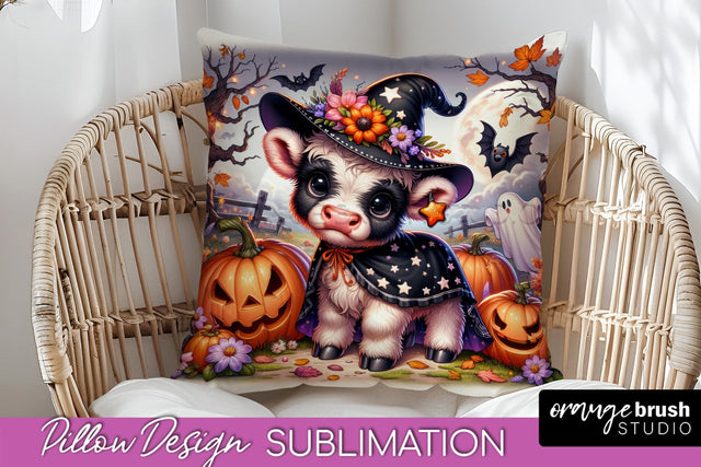 Highland Cow Pillow Cover, Cute Halloween Pillow Sublimation Sublimation OrangeBrushStudio 