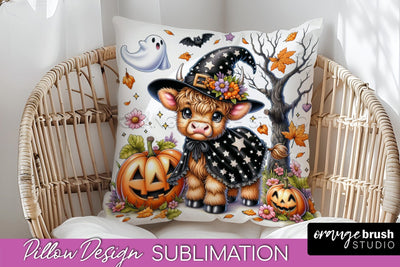 Highland Cow Pillow Cover, Cute Halloween Pillow Sublimation Sublimation OrangeBrushStudio 