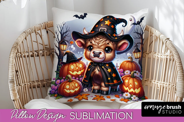 Highland Cow Pillow Cover, Cute Halloween Pillow Sublimation Sublimation OrangeBrushStudio 