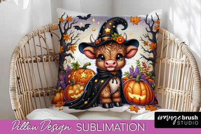 Highland Cow Pillow Cover, Cute Halloween Pillow Sublimation Sublimation OrangeBrushStudio 