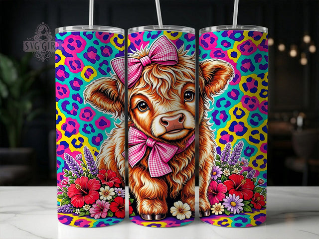 Highland Cow Pink Bow 20oz Tumbler, Highland cow bow, Pink bow design, 20oz skinny tumbler, Cute cow design, Coquette tumbler wrap, Sublimation tumbler wrap, Pink coquette pattern Sublimation SvggirlplusArt 