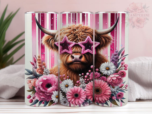 Highland Cow Pink Star Sunglasses 20oz Tumbler Wrap PNG, Highland Cow Tumbler Png, Straight & Tapered Tumbler Wrap, Instant Digital Download Sublimation Li Zamperini 