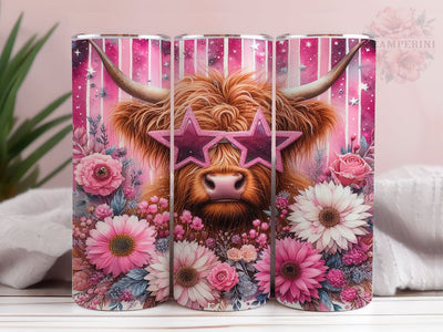 Highland Cow Pink Star Sunglasses 20oz Tumbler Wrap PNG, Highland Cow Tumbler Png, Straight & Tapered Tumbler Wrap, Instant Digital Download Sublimation Li Zamperini 