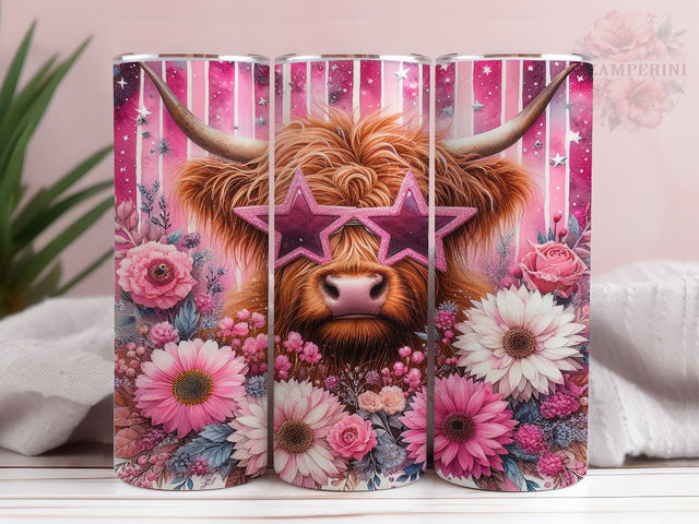 Highland Cow Pink Star Sunglasses 20oz Tumbler Wrap PNG, Highland Cow Tumbler Png, Straight & Tapered Tumbler Wrap, Instant Digital Download Sublimation Li Zamperini 