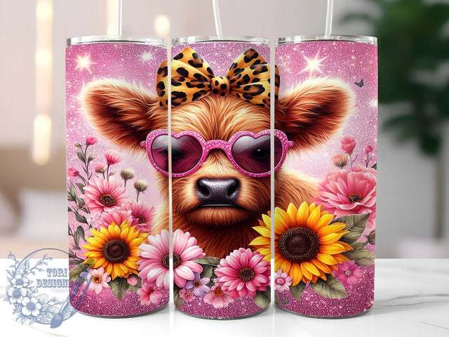 Highland Cow Pink Sunflowers 20oz Skinny Tumbler, Baby Highland Cow Tumbler Png, Straight & Tapered Tumbler Wrap, Instant Digital Download Sublimation ToriDesigns 