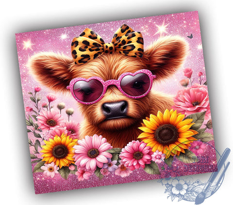 Highland Cow Pink Sunflowers 20oz Skinny Tumbler, Baby Highland Cow Tumbler Png, Straight & Tapered Tumbler Wrap, Instant Digital Download Sublimation ToriDesigns 