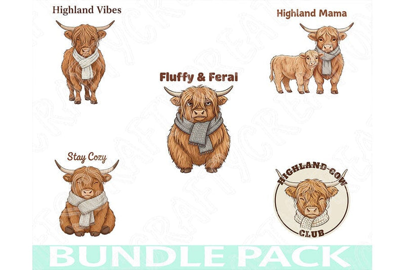 Highland Cow Png Bundle, 5 Highland Cow Sublimation Designs, Cozy Farmhouse Cow Collection, Western Boutique Shirt Graphic, Fall Cow Png Set SVG TiffsCraftyCreations 