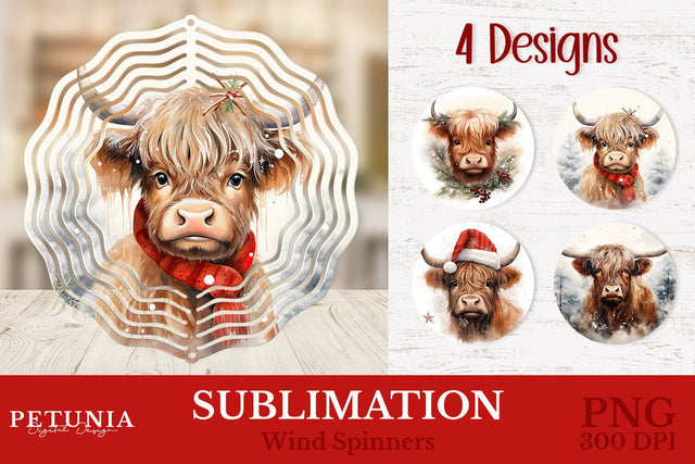 Highland Cow PNG | Christmas Wind Spinner Sublimation Design Sublimation Petunia Digital Design 