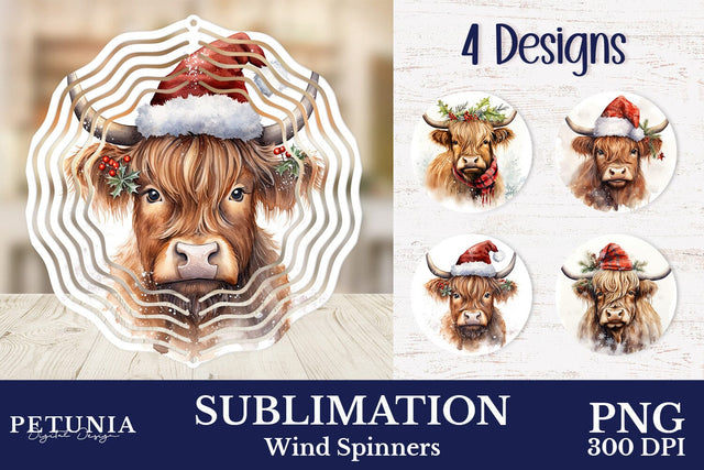 Highland Cow PNG | Christmas Wind Spinner Sublimation Design Sublimation Petunia Digital Design 