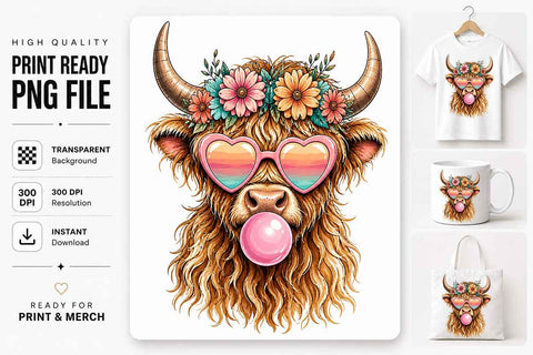 Highland Cow PNG Cute Bubblegum Cow Sublimation Digital Download SVG BillahCrafts 