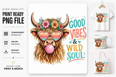 Highland Cow PNG Digital Download | Boho Wild Soul Sublimation Design SVG BillahCrafts 