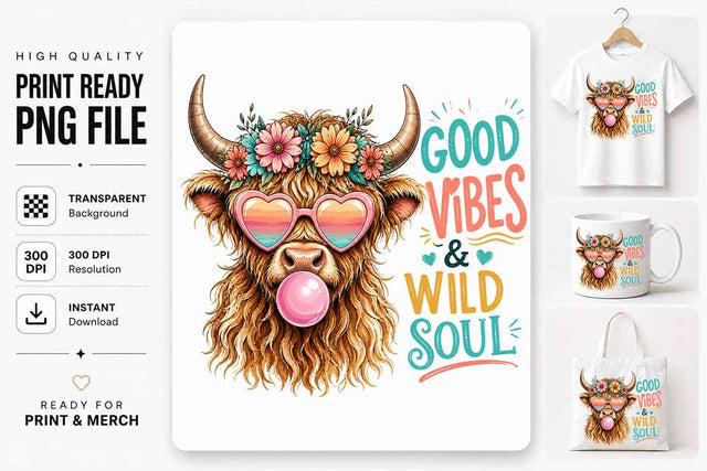 Highland Cow PNG Digital Download | Boho Wild Soul Sublimation Design SVG BillahCrafts 