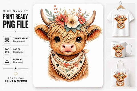 Highland Cow PNG Floral Cow Sublimation PNG Digital Download SVG BillahCrafts 