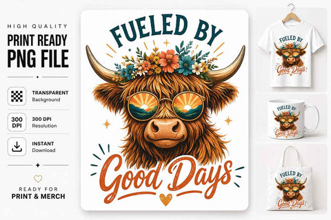 Highland Cow PNG Fueled By Good Days Sublimation Design SVG BillahCrafts 