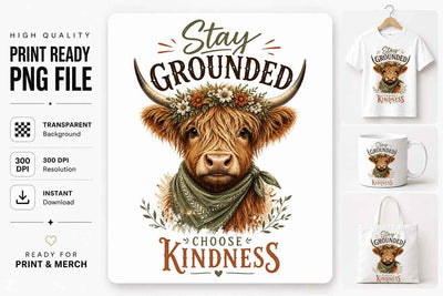 Highland Cow PNG | Stay Grounded Choose Kindness Sublimation SVG BillahCrafts 