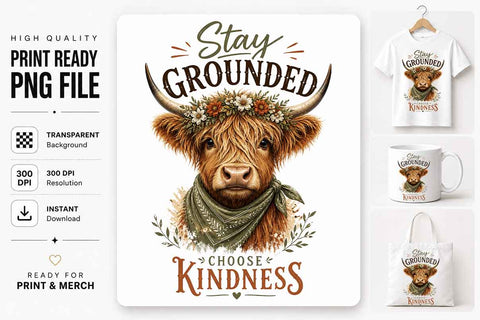 Highland Cow PNG | Stay Grounded Choose Kindness Sublimation SVG BillahCrafts 