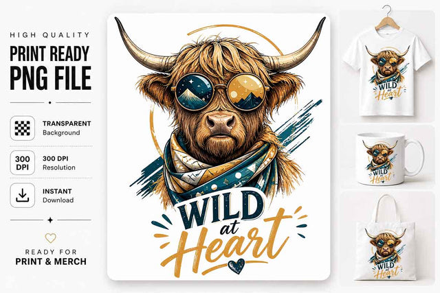 Highland Cow PNG Wild at Heart Sublimation Design Digital Download SVG BillahCrafts 
