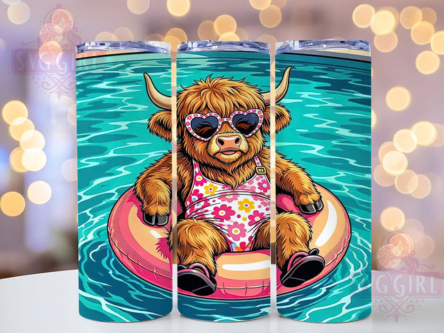 Highland Cow Pool Day 20oz Tumbler, Highland Cow, Pool Day, Summer Theme, Playful Style, Whimsical Charm, Skinny Tumbler, Sublimation PNG Sublimation SvggirlplusArt 