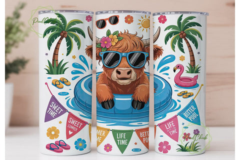 Highland Cow Pool Party 20oz Tumbler Sublimation PixelChick 