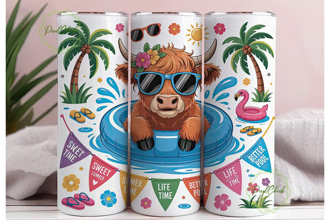 Highland Cow Pool Party 20oz Tumbler Sublimation PixelChick 