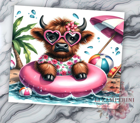 Highland Cow Pool Party 20oz Tumbler Wrap PNG, Highland Cow Tumbler Png, Straight & Tapered Tumbler Wrap, Instant Digital Download Sublimation Li Zamperini 