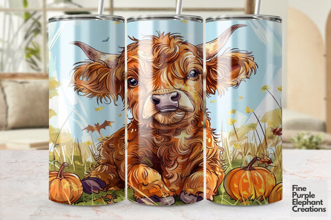 Highland Cow Pumpkin Patch Sublimation Tumbler Wrap Sublimation Fine Purple Elephant Creations 