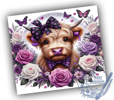 Highland Cow Purple Valentines Day 20oz Skinny Tumbler, Highland Cow Tumbler Png, Straight & Tapered Tumbler Wrap, Instant Digital Download Sublimation ToriDesigns 