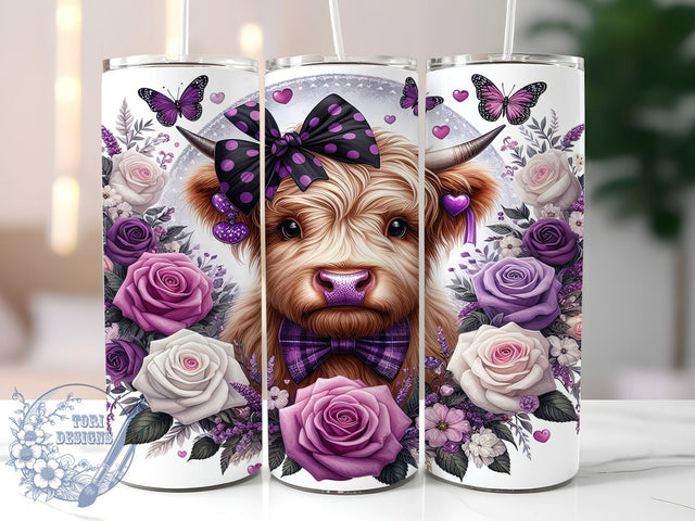 Highland Cow Purple Valentines Day 20oz Skinny Tumbler, Highland Cow Tumbler Png, Straight & Tapered Tumbler Wrap, Instant Digital Download Sublimation ToriDesigns 