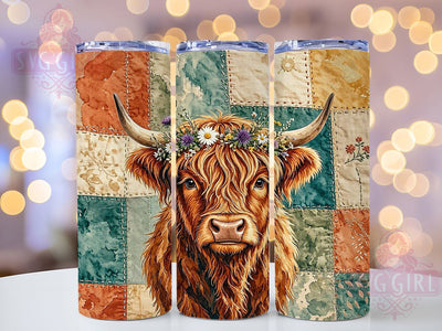 Highland Cow Quilt 20oz Tumbler, Highland Cow, Quilt Pattern, Rustic Charm, Farmhouse Style, Whimsical Aesthetic, 20oz Wrap, Sublimation Tumbler Sublimation SvggirlplusArt 