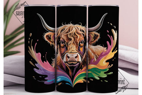 Highland Cow Rainbow Splash 20oz Tumbler Sublimation sassyprint 