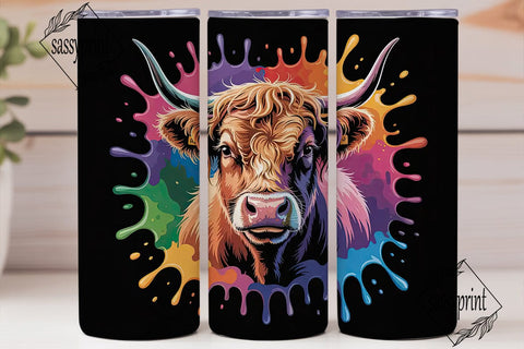 Highland Cow Rainbow Splash 20oz Tumbler Sublimation sassyprint 