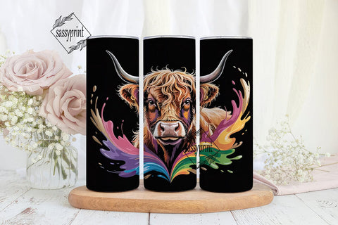 Highland Cow Rainbow Splash 20oz Tumbler Sublimation sassyprint 