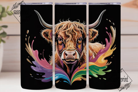 Highland Cow Rainbow Splash 20oz Tumbler Sublimation sassyprint 
