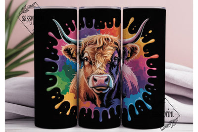 Highland Cow Rainbow Splash 20oz Tumbler Sublimation sassyprint 