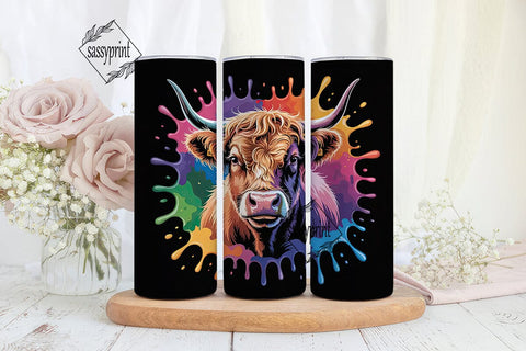 Highland Cow Rainbow Splash 20oz Tumbler Sublimation sassyprint 